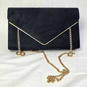 Dasein Black Suede Envelope Clutch with Gold Chain